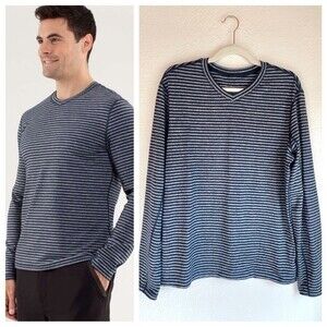 Lululemon Mens Speed Long Sleeve Classic Stripe in Heathered Black/Iris Blue M/L